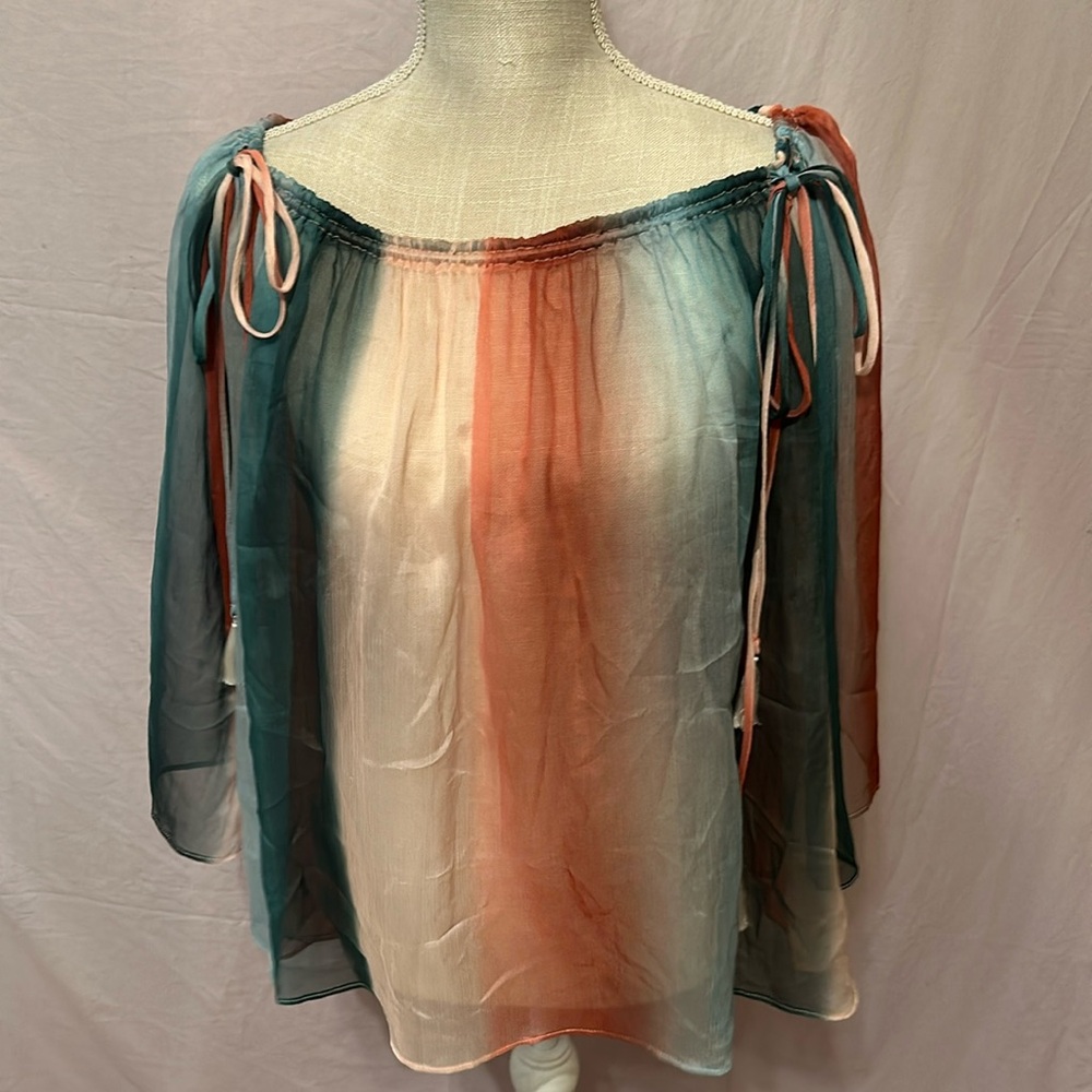 Multi color size L 3/4 length sleeve sheer blouse